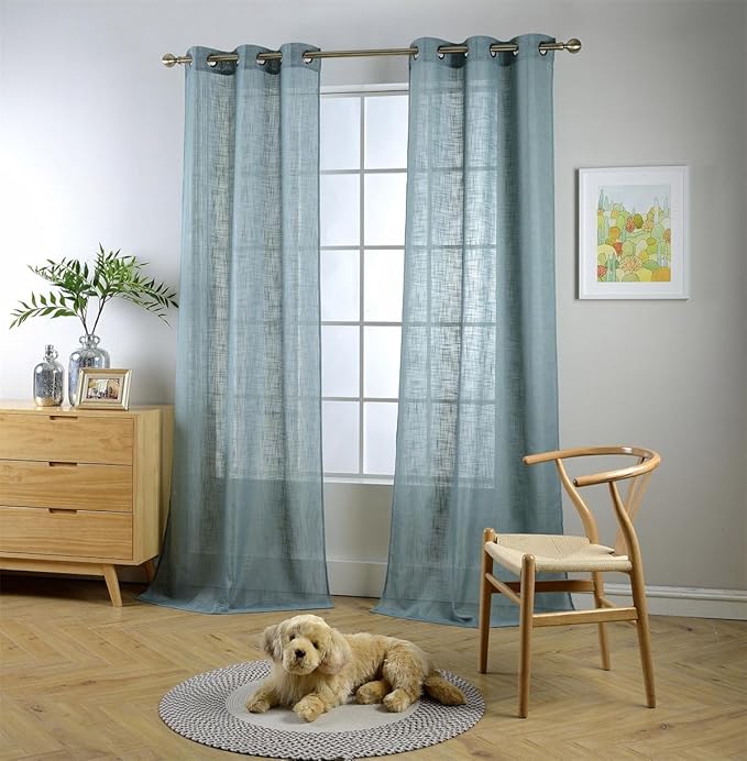 MIUCO Semi Sheer Curtains Poly Linen Textured Solid Grommet Curtains 95 Inches Long for Bedroom 2 Panels (2 x 37 Wide x 95" Long) Teal-Ruum Studio Home