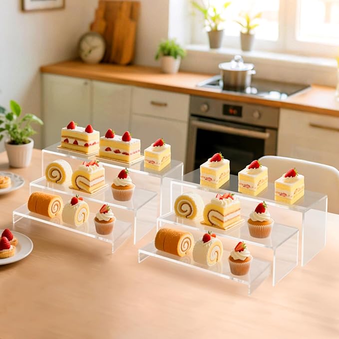 Acrylic Display Risers,12'' Large Display Stands, Thickened to 0.2''(5mm) Stackable Acrylic Shelves for Perfume Display, Clear Risers for Cupcake Stand,Pop Figurines,Tumbler,Food (Clear, 6PCS)-Ruum Studio Home