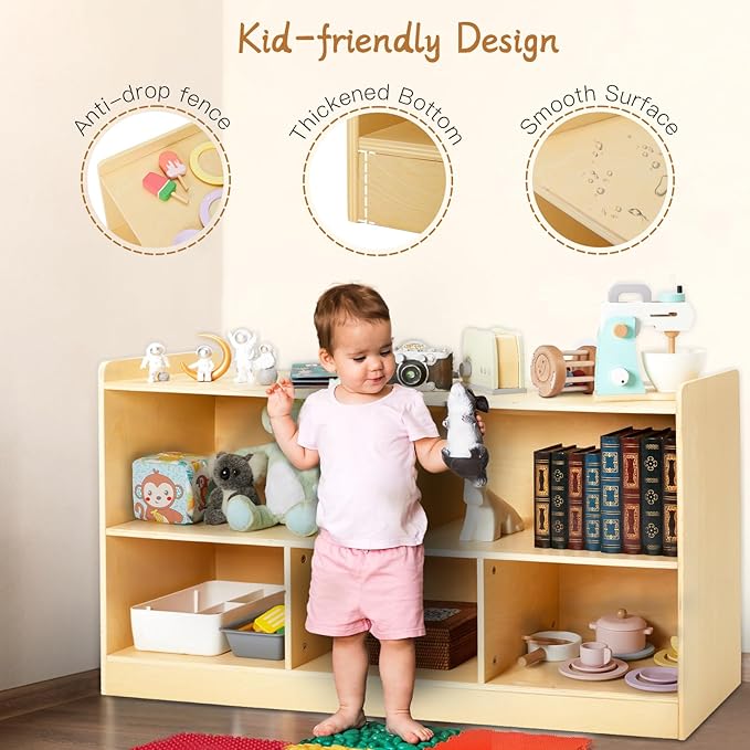 Montessori Shelf, Wooden Toy Storage Organizer for Books Toys, 2 Shelf Bookcase, 5-Section Storage Cabinet, Toddler Book Shelf for Kids Rooms, Playroom, Nursery, Kindergarten (Natural)-Ruum Studio Home