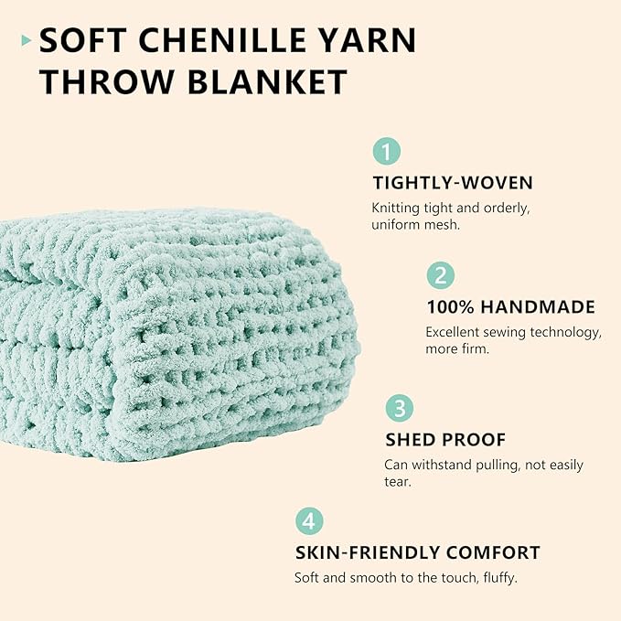 L'AGRATY Chunky Knit Blanket Throw: 60''x80'' Chenille Chunky Knitted Throw Blanket for Bed Couch - Handmade Thick Big Cable Knit Blanket - Large Crochet Rope Blanket for Home Decor(Mint Green)-Ruum Studio Home