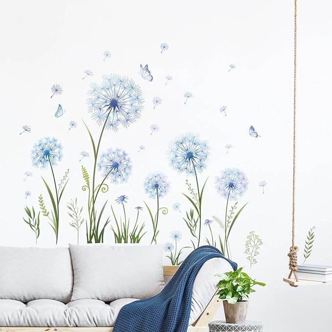 Dandelion Flower Butterfly Wall Decals Blue Dandelion Plants Floral Wall Stickers Peel and Stick Vinyl Wall Art Decor for Living Room Bedroom Office TV Sofa Backdrop Home Decor Gifts for Mom-Ruum Studio Home