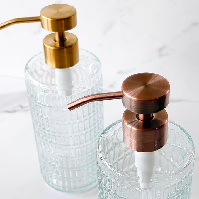 Lunestella Elegant Fluted Glass Dispenser with Stainless Steel Pump, 17oz, Decorative Bottle for Bathroom and Kitchen (Copper)-Ruum Studio Home