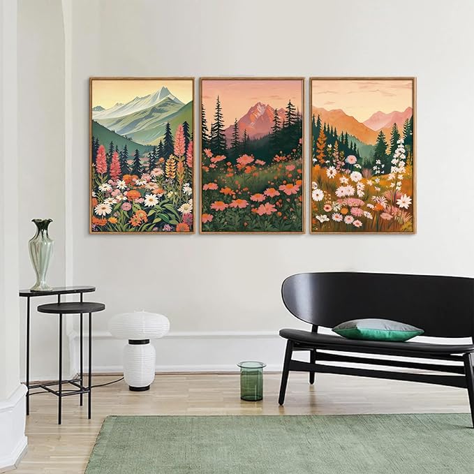 Tinonedraw Mountain Wildflower Framed Canvas Wall Art Set, Boho Mountains Landscape Wall Decor, Modern Floral Forest Scenery Artwork, Neutral Nature Art Prints for Living Room Bedroom Office 24"x36"x3-Ruum Studio Home