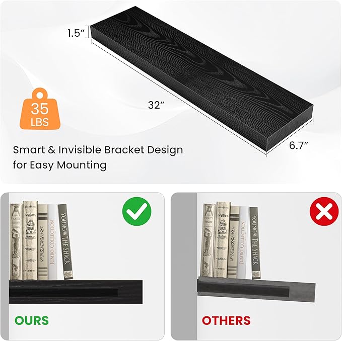 Floating Shelves for Wall, 31.5" W x 6.7" D x 1.5" H, Wooden Wall Mounted Display Shelves with Invisible Brackets for Living Room, Bedroom, Bathroom, Kitchen Decor and Storage, Set of 2, Black-Ruum Studio Home