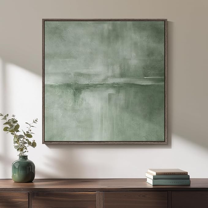 Framed Sage Green Abstract Wall Art, Modern Canvas Prints Artwork for Walls, Square Minimalist Green Abstract Pictures for Living Room, Hallway, Dining Room, Bedroom, Home Office Wall Decor 24x24 In-Ruum Studio Home
