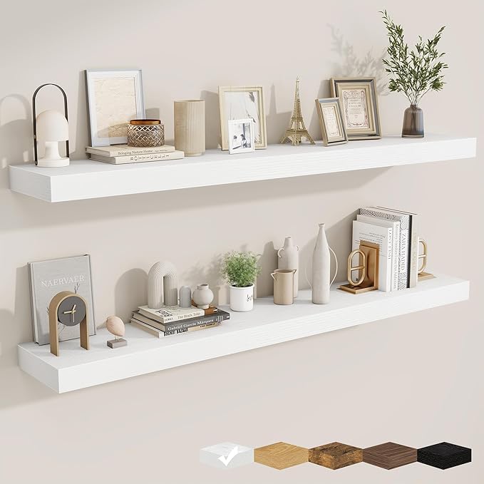 fuqing Floating Shelves for Wall, Bathroom Shelf Wall Mounted for Storage, Shelves with Invisible Bracket for Bedroom, Kitchen, Living Room, Farmhouse Small Book Shelf, 55 Inch Set of 2, White-Ruum Studio Home