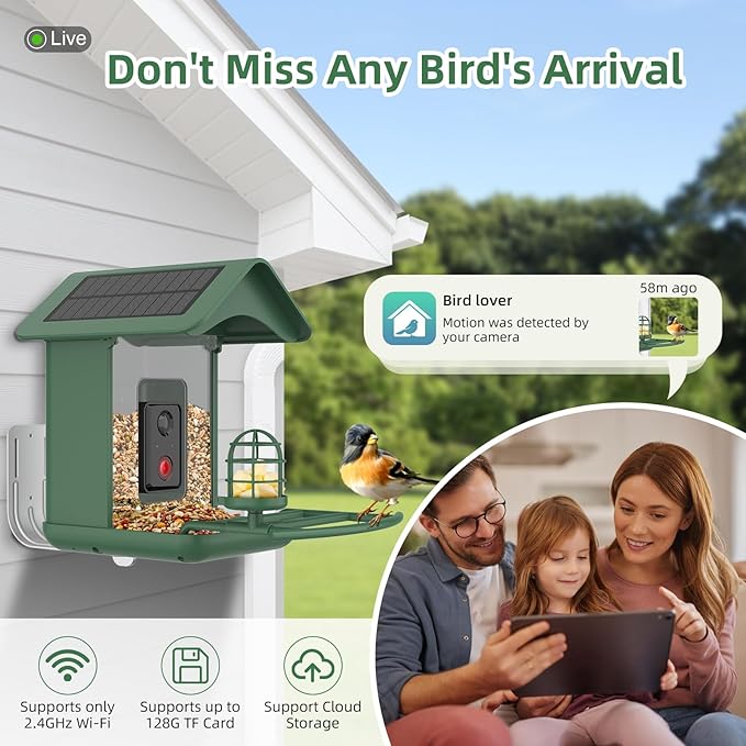 Smart Bird Feeder with Camera, AI Species Identify, Dual Solar Powered Birdfeeder Cam for Outside IP65 with 2.4GHz WiFi, 2K HD Auto Capture Birds Video for Bird Lover (Green)-Ruum Studio Home