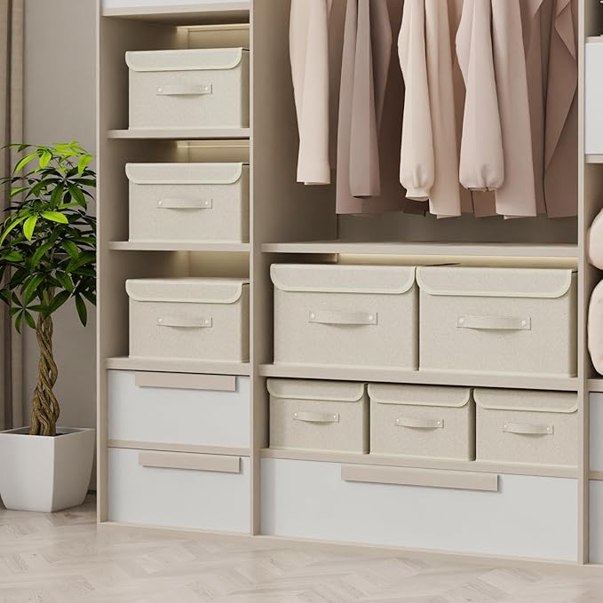 Storage Boxes, Collapsible Storage Bins with Lids, Cotton and linen cloth Storage Baskets with Handle, for Books, Closet, Bedroom, Home, 10.2x7.9x6.7 in, Grey and Beige-Ruum Studio Home