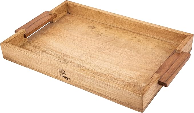 Mango Acacia Wood Serving Trays with Handles – Set of 2 Large Decorative Wooden Trays for Breakfast in Bed, Dinner, Snacks, Coffee Table, Ottoman, Couch & Patio Party – (16x10x1.75 & 8x12x1.75) Inches-Ruum Studio Home