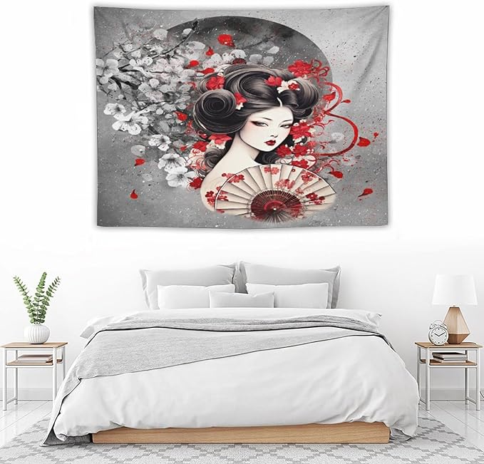 Japanese Geisha Tapestry Asian Red Cherry Blossom Red Sun Traditional Kimono Folk Tapestries Home Decor for Living Room Bedroom Apartment Farmhouse Dorm 40"x30"-Ruum Studio Home