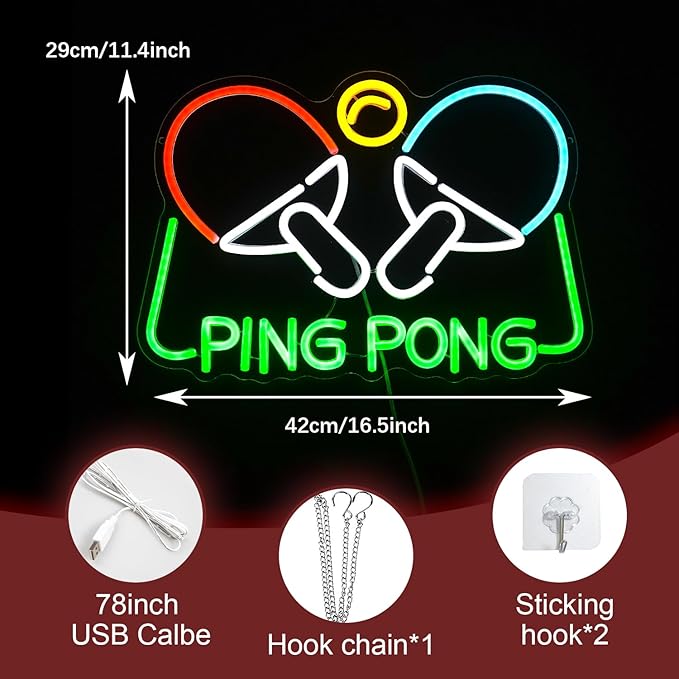 Ping Pong Neon Sign Table Tennis LED Light Up Sign for Wall Decor 16.5*11.4 In USB Dimmable Ping Pong Neon Light for Gymnasium Game Room Bedroom Gift for Table Tennis Enthusiasts(Multicolored)-Ruum Studio Home