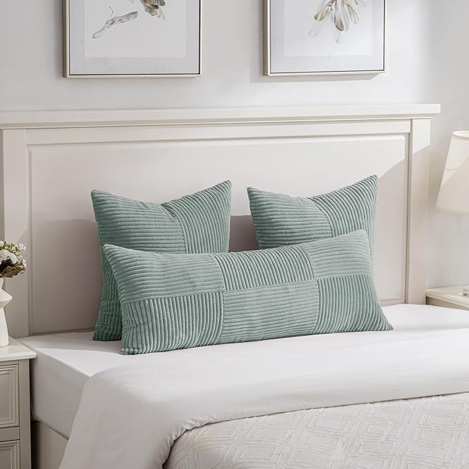 Fancy Homi 2 Packs Grey Blue Decorative Throw Pillow Covers 18x18 Inch for Couch Bed Sofa, Rustic Boho Farmhouse Home Decor, Soft Corss Corduroy Patchwork Textured Square Cushion Case 45x45 cm-Ruum Studio Home