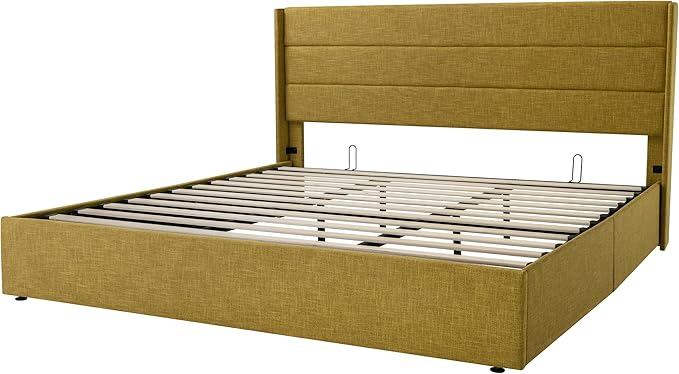 Allewie King Size Lift Up Storage Bed, Modern Wingback Headboard, Hydraulic Support, No Box Spring Needed, Olive Yellow-Ruum Studio Home