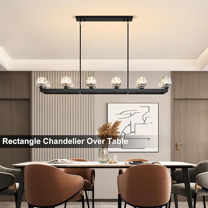 59 Inch Black Rectangle Wagon Wheel Chandeliers, Black Chandelier for Dining Room Over Table, Modern Crystal Long Chandelier, Farmhouse Large Linear Chandeliers for Kitchen Island-Ruum Studio Home