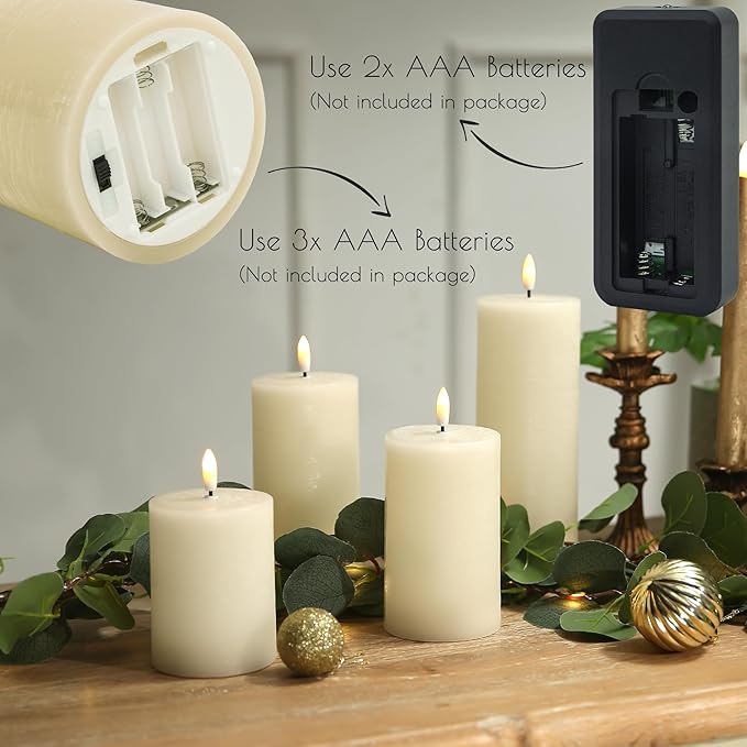 LUSHABOR Flameless Candles, 4 Pack Battery Operated Candles with Remote, Real Wax LED Fake Candles with Timer Flickering for Christmas Wedding Home Party D3 H 5" 6" 7" 9" Ivory-Ruum Studio Home