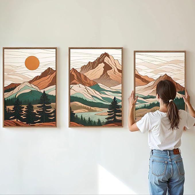 Tinonedraw Mountain Framed Canvas Wall Art Set of 3, Sunrise Forest Woodland Landscape Art Prints, Boho Coloful Ridge Scenery Wall Decor, Wood Pine Wilderness Art Paintings for Living Room Bedroom, Office 16"x24"-Ruum Studio Home