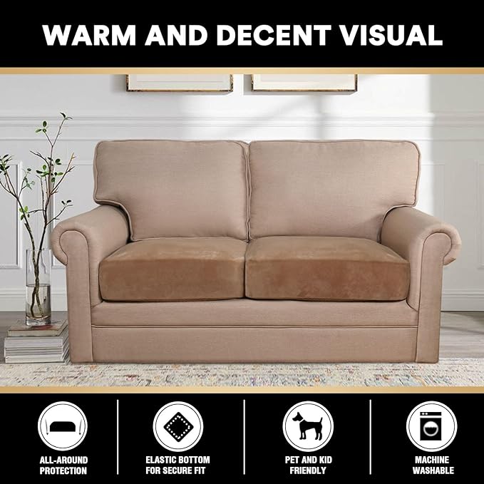 PrinceDeco Velvet Couch Cushion Cover Soft Stretch Cushion Slipcover for Chair Loveseat Sofa Cushion Furniture Protector Seat Cushion Sofa Cover (2 Piece Large Sofa Cushion Covers, Camel)-Ruum Studio Home