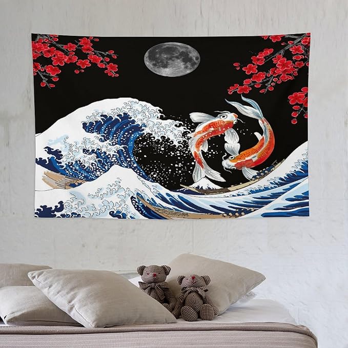 Houselerax Japanese Koi Fish Tapestry, Yin Yang Big Wave Red Cherry Blossom Tapestries Wall Hanging for Bedroom Living Room Office Decor 60"x40"-Ruum Studio Home