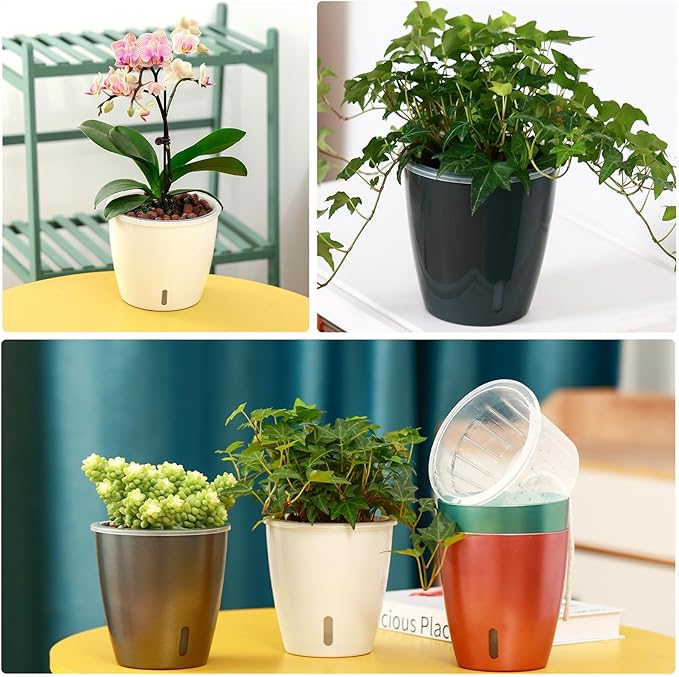 Self-Watering Pots for Indoor Plants, 6-Pack 6.7'' Self Watering Planter with Drainage Holes, Small African Violet Pots with Water Indicator, Clear Wick Pot, Black-Ruum Studio Home