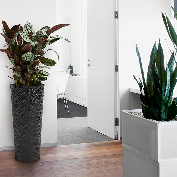 Worth Garden 2-Pack 28" H. Metal Planter with 2X Inside Pots - Hand-Hammered Texture Tall Narrow Tapered Plant Pots - Large Handcrafted Flower Pot for Indoor Outdoor, Deck, Patio, Front Porch (Black)-Ruum Studio Home