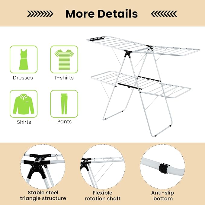 COSTWAY Clothes Drying Rack, Foldable 2-Level Laundry Drying Rack w/Height-Adjustable Wings, 33 Drying Rails & Sock Clips, Standing Large Drying Rack for Clothing, Indoor Outdoor Use-Ruum Studio Home