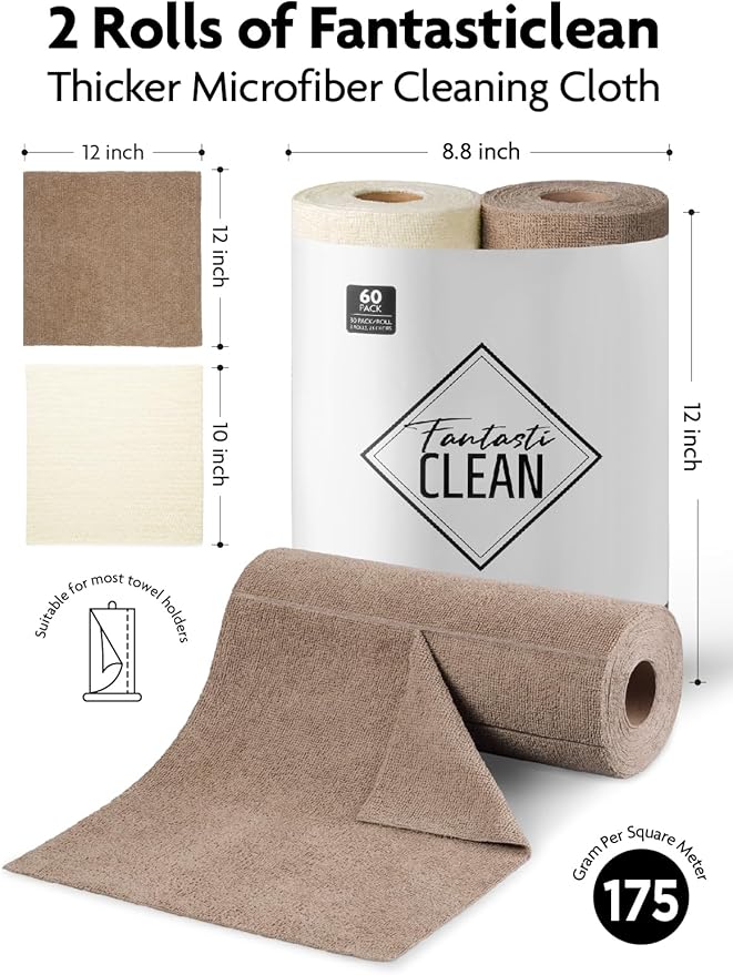 Fantasticlean Microfiber Cleaning Cloth Roll -60 Pack, Tear Away Microfiber Towels, 12" x 12", Reusable, Washable, Scratch Free, Ultra Absorbent Dish Rags for Car, Home, Garage or Shop (Beige & Tan)-Ruum Studio Home