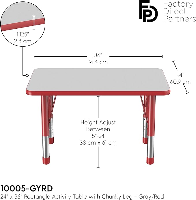 FDP Rectangle Activity School and Classroom Kids Table (24 x 36 inch), Chunky Toddler Leg, Adjustable Height 15-24 inches - Gray Top and Red Edge-Ruum Studio Home