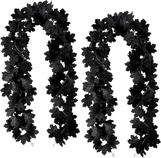 Joyhalo 2 Pack Halloween Garland, 5.7FT Black Leaf Garland for Mantle, Artificial Hanging Black Maple Leaves Vines, Spooky Halloween Outdoor Floral, Haunted Mansion, Fireplace, Fall Decor-Ruum Studio Home