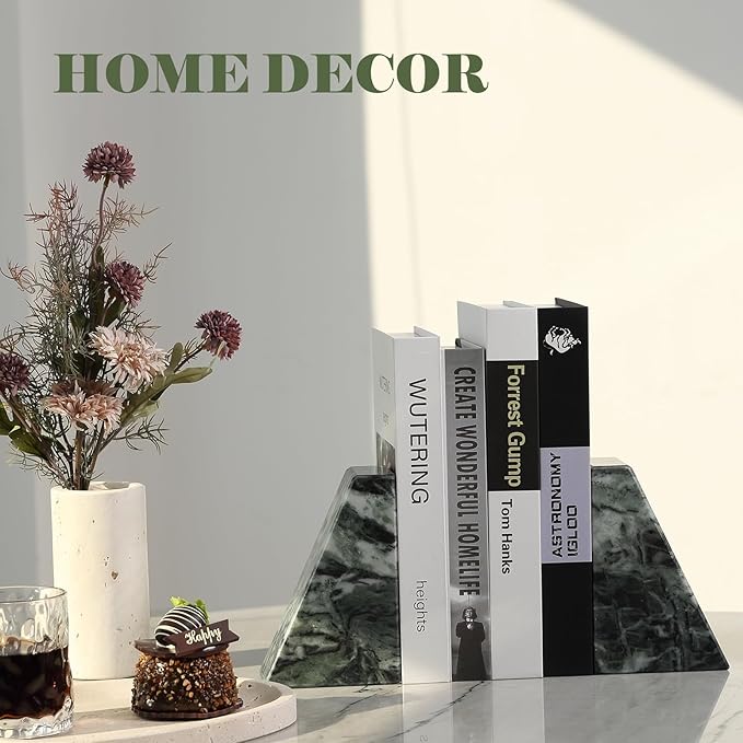 Marble Bookends for Heavy Books, Decorative Bookends for Shelves, Green Stone Book Ends, Heavy-Duty Book Ends for Hardback Book & Cookbooks, Unique Book Stopper & Holder, Set of 2-Ruum Studio Home