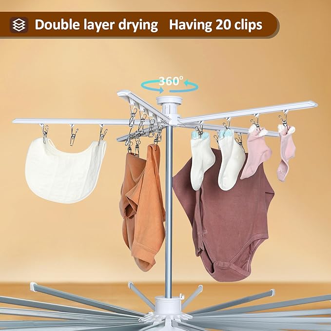 Clothes Drying Rack 2025 Upgrade 4-Legged 3-Tier Foldable Laundry Rack with 4 Pulleys 20 Clips,6 Shoe Dryers 16Drying Rods for Indoor/Outdoor, Camping, Poolside Space Saving, Whit-Ruum Studio Home