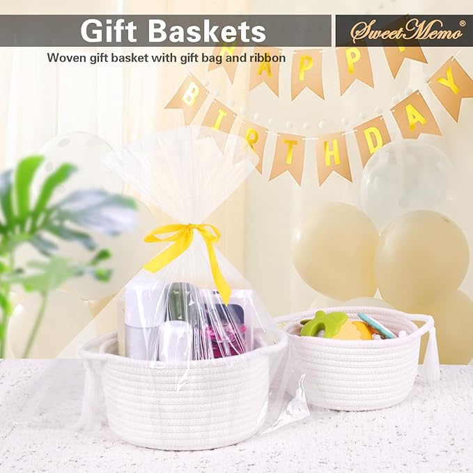 Empty Gift Basket Mini Woven Rope Organizer Baskets for Baby Shower, Vanity, Makeup, Bathroom, Tiny Toys, Desk - Small Decorative Storage Bins - Set of 2, Pre-Shaped, White-Ruum Studio Home