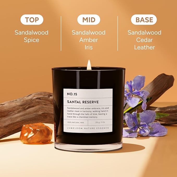 Santal Reserve Luxury Scented Candles, 9oz Soy Wax Candles for Home Scented, Sandalwood, Amber, Iris & Leather Scent, Long Burning Time, Gifts for Women, Men, Sister, Teacher-Ruum Studio Home