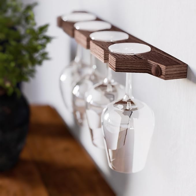 Rustic State Suvla Wall Mounted Wood Stemware Rack Hanging Shelf Glassware Holder Bar Organizer with 8 Wine Glass Storage 17 Inch Long Walnut-Ruum Studio Home