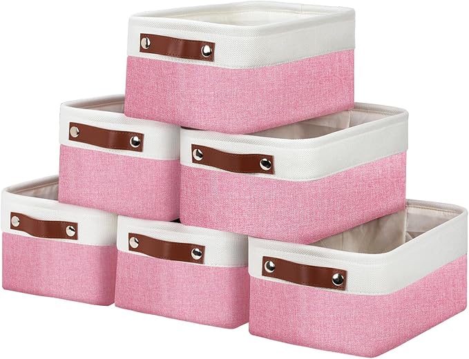 DULLEMELO Small Storage Baskets 6 Pack, Fabric Collapsible Gift Storage Baskets for Shelves, Closets, Nursery, Home, Office Organizing,Small Canvas Linen Rectangular Storage Bins (6-Pack, White&Pink)-Ruum Studio Home