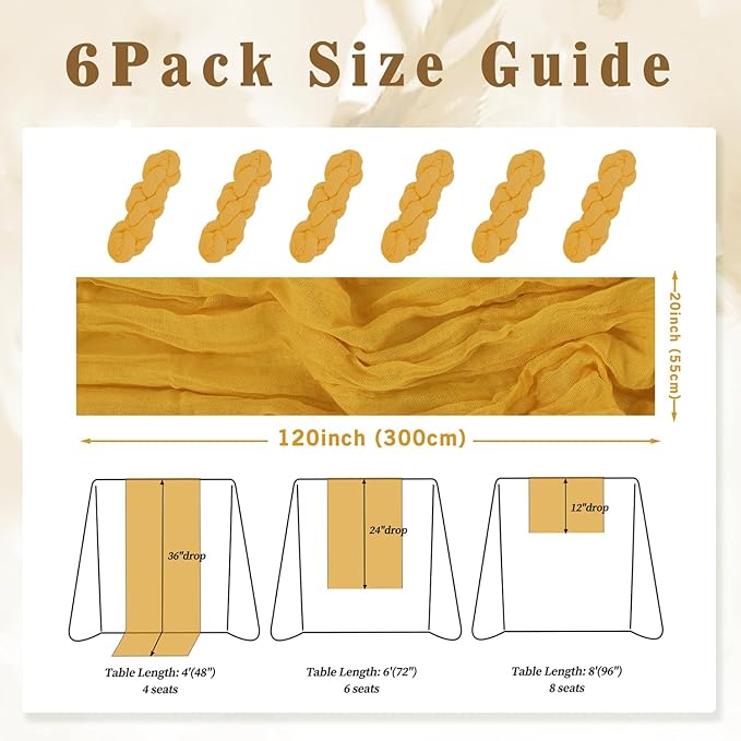 6 Pack Mustard 10FT Cheesecloth Table Runner Rustic Gauze Fabric Cheese Cloth Table Runner for Wedding Bridal Baby Shower Table Decor Boho Sheer Birthday Party Table Decorations 20 x 120 Inch Long-Ruum Studio Home