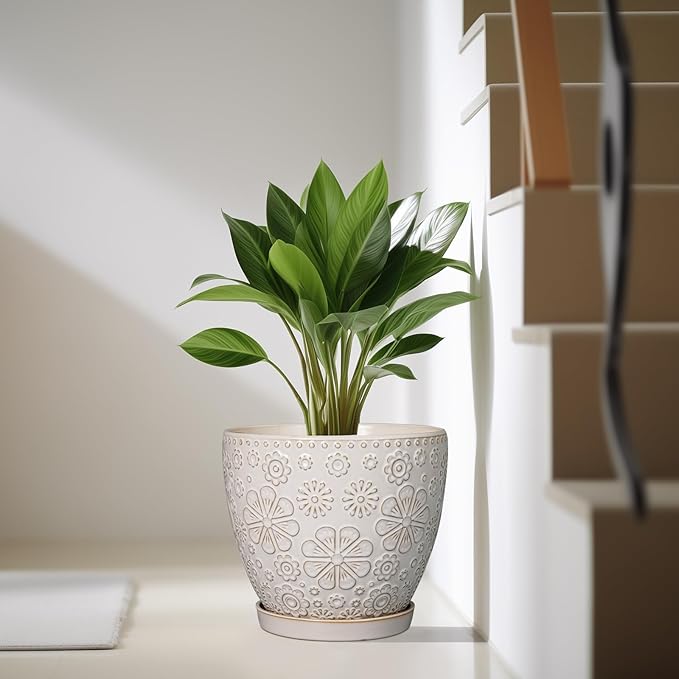 10 Inch Ceramic Planter Pot Large Plant Pot for Indoor Plants Outdoor Round Flower Pot with Drainage Hole and Saucer for Home Garden Decor White-Ruum Studio Home
