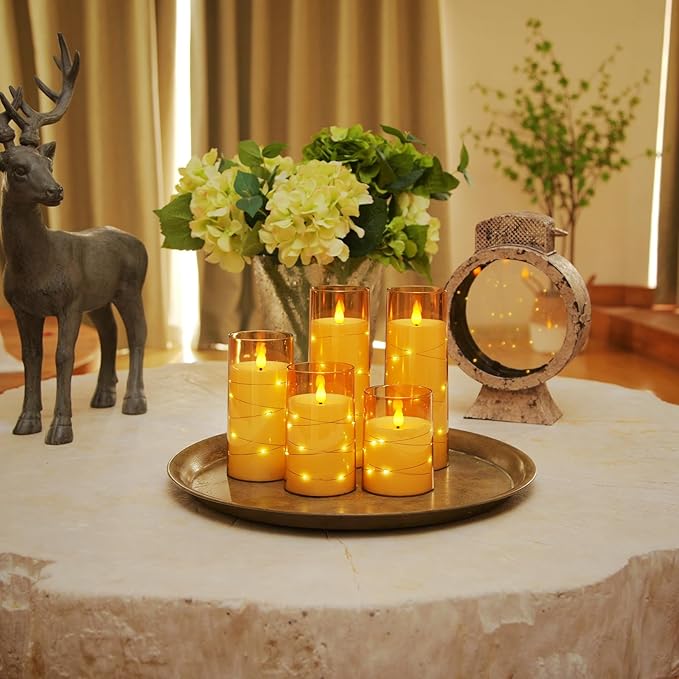 Homemory Acrylic Flameless Candles with Embedded Star String Fairy Lights, Battery Operated Candle, LED Candles, Fake Candles with Remote Control and Timer for Halloween, Amber, Set of 5(H4"5"6"8"8")-Ruum Studio Home