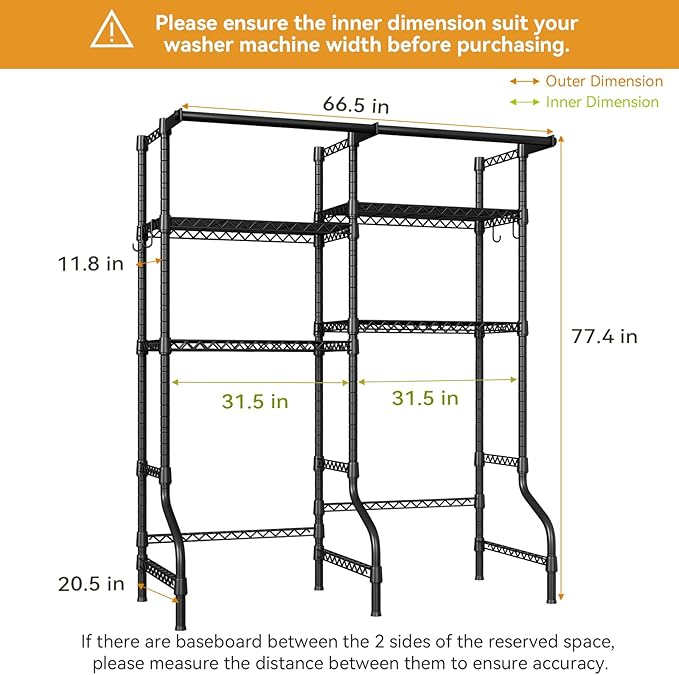 U14 Over Washer and Dryer Storage Shelves, 4 Tiers Laundry Room Storage and Organizer System, Space Saving Clothes Drying Rack with 2 Clothes Hanger Rods, 66.5" W x 20.5" D x 77.4" H, Black-Ruum Studio Home