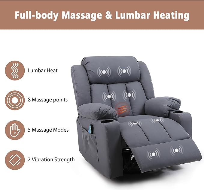 Rocker Swivel Recliner Chair for Adults, Overstuffed Large Manual Recliner Glider with Massage and Heat, Comfy Soft Fabric Living Room Reclining Sofa Chair(Technical Grey)-Ruum Studio Home