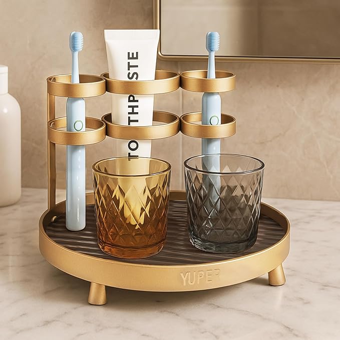 YUPER Bathroom Counter Organizer, Round Bathroom Organizers and Storage with Toothbrush Holder, Makeup Storage Vanity Tray Perfume Organizer, Bedroom Corner Counter Storage Sink Shelf Gold-Ruum Studio Home