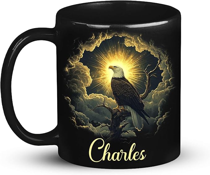 Custom Name Coffee Mug 11oz or 15oz, Unique Wildlife Art Black Cup, Personalized Eagle Ceramic Mug for Animal Lovers, Inspirational Coffee Cup with Nature Scene, Gifts for Friends-Ruum Studio Home