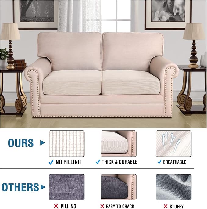 H.VERSAILTEX Super Stretch Individual Seat Cushion Covers Sofa Covers Couch Cushion Covers Slipcover Sets Thick Jacquard Textured Twill Fabric (2 Piece Medium Sofa Cushion Covers, Ivory)-Ruum Studio Home