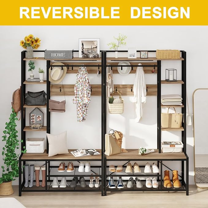 BON AUGURE Farmhouse Hall Tree for Entryway, Mudroom Bench with Shoe Storage, Large Coat Rack Shoe Bench with 5 Tier Open Shelves, Adjustable Side Hooks and Hanging Rod for Foyer (Vintage Oak)-Ruum Studio Home