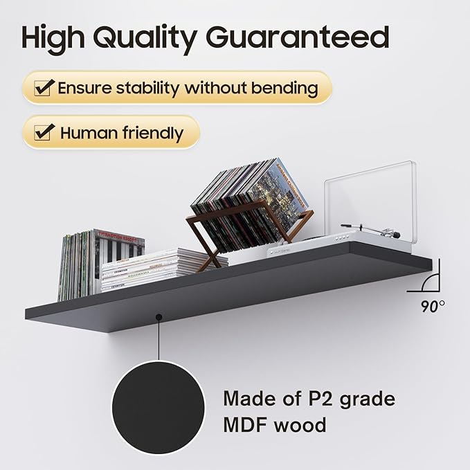 Floating Shelf, Set of 2 Wall Shelf, 24 in W x 12.75 in D x 2 in H Wooden Floating Wall Shelf with Invisible Brackets for Living Room/Bedroom/Bathroom/Kitchen Storage and Decor, Black-Ruum Studio Home