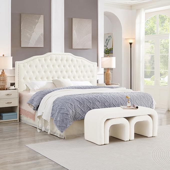 24KF Upholstered Button Tufted King Size Headboard with Nailhead Trim, Elegant Boucle Fabric California King headboard, 6031-K-Boucle-Ivory-Ruum Studio Home