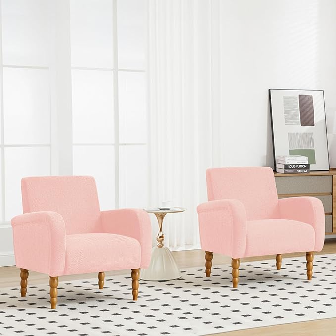 Chenille Fabric Accent Chair Set of 2, Upholstered Armchair with Solid Wood Legs, Modern Living Room Accent Chair, Comfy Single Sofa Chair Reading Club Chair for Bedroom Reception Lounge,Pink-Ruum Studio Home