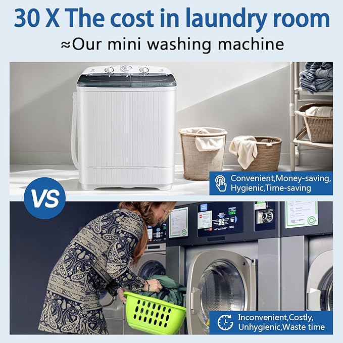Portable Mini Twin Tub 32lbs Washing Machine With Drying Rack& 10 Hangers, 20lbs Washer & 12lbs Spinner, Small Laundry Washer with Time Control for Camping, Apartments, RV (32lbs)-Ruum Studio Home
