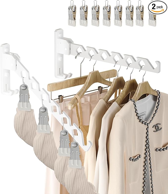 Wall Mount Coat Hanger Holder White Clothes Drying Organizer Rack Garment Hooks Aluminium Retractable Folding Indoor Wall Mounted Hanger Space Saver for Laundry Room Bedroom White 2 Pack with 8 Hooks-Ruum Studio Home