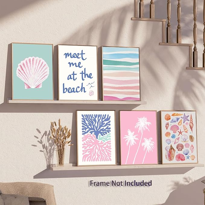 6 Pcs Coastal Beachy Wall Art Tropical Summer Shell Ocean Paintings Prints Posters Trendy Pink Preppy Palm Tree Canvas Wall Decor Aesthetic for Bedroom Living Room Dorm Apartment 8x10inch Unframed-Ruum Studio Home