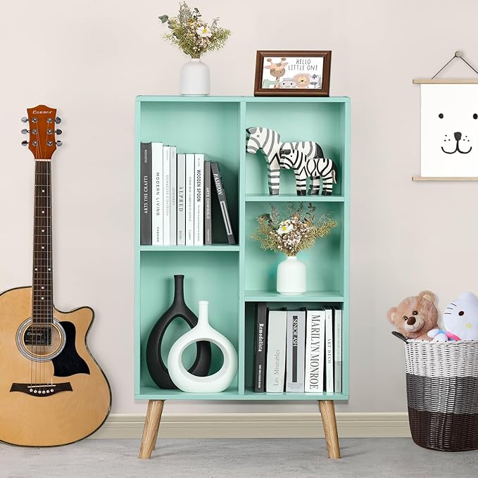 LEYAOYAO 5 Cube Bookshelf 3-Tier Bookcase with Legs,Mint Green Kids Book Shelf Cute Storage Organizer,Free Standing Open Toy Shelves Wood Bookshelves,Display Bookcases for Bedroom,Living Room,Nursery-Ruum Studio Home
